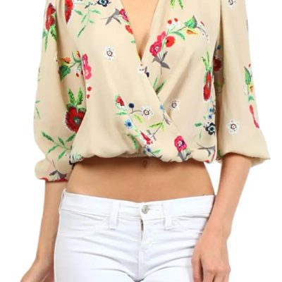 Floral Print Faux Wrap Blouse Taupe