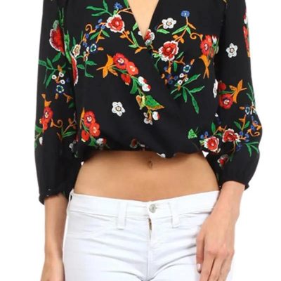 Floral Print Faux Wrap Blouse Black