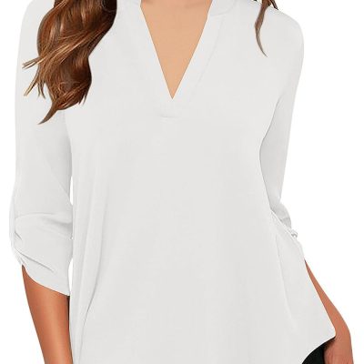 Women's Business Casual V Neck Cuffed Sleeves Work Blouse Top