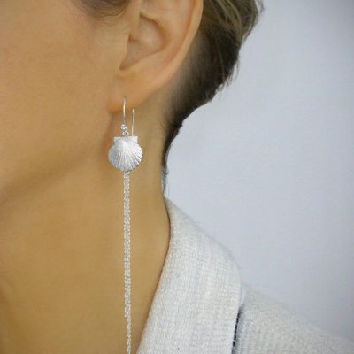 Long silver seashell earrings