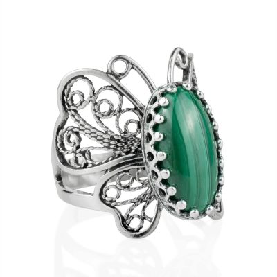 Filigree Art Malachite Gemstone Butterfly Design Women Silver Cocktail Ring