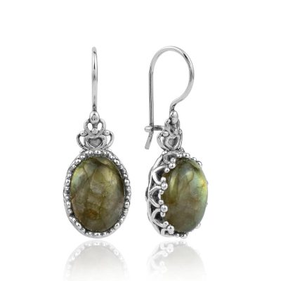 Filigree Art Labradorite Gemstone Crown Figured Women Silver Oval Drop Earrings